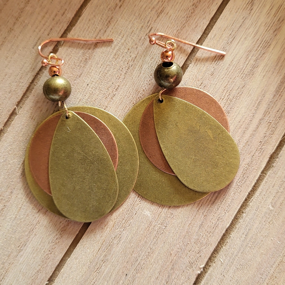 Handmade Layered Brass & Copper Drop Earrings – Rustic Boho Jewelry
